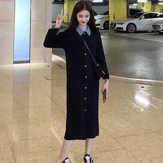 Long-sleeve Button-front Midi Collared Knit Dress
