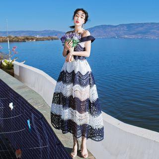 Short-sleeve Cold Shoulder Lace Midi Dress