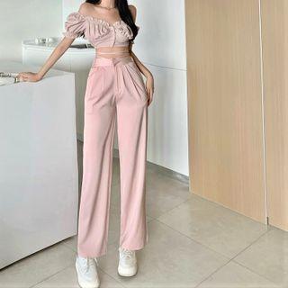 Puff-sleeve Off-shoulder Top / Lace-up Wide-leg Pants