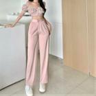 Puff-sleeve Off-shoulder Top / Lace-up Wide-leg Pants
