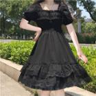 Short-sleeve Lace Trim A-line Dress Black - One Size