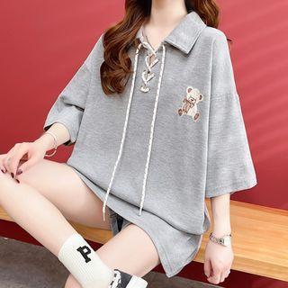 Elbow-sleeve Bear Print Oversized Top