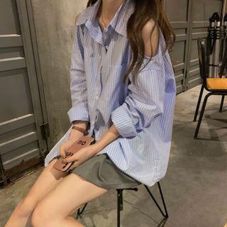 Cold Shoulder Striped Shirt Stripes - Blue - One Size
