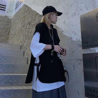 Elbow-sleeve Hooded Mock Two-piece T-shirt Black - One Size