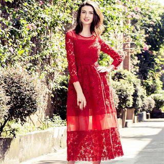 Mesh Trim 3/4 Sleeve Crochet Evening Dress