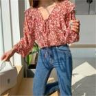 Tie-front Floral Print Chiffon Blouse Red - One Size