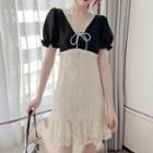 Puff-sleeve V-neck Ruffled Trim Panel Rhinestone Dress