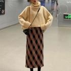 Turtleneck Sweater / Straight Cut Plaid Midi Skirt