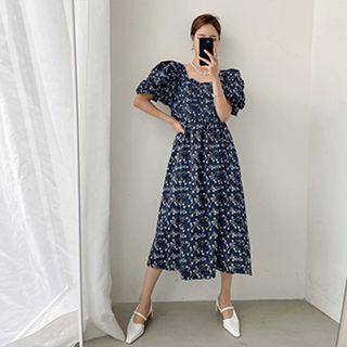 Puff-sleeve Floral Print Slit-back Dress