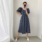 Puff-sleeve Floral Print Slit-back Dress