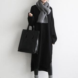 Plain Shirt / V-neck Midi Sweater Dress