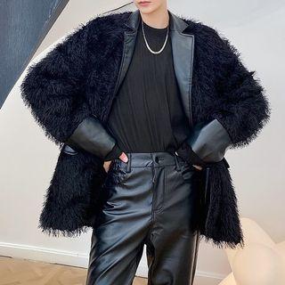 Faux Leather Panel Fluffy Jacket