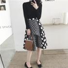 Cut Out Detail Long Sleeve T-shirt / Dotted Midi Flared Skirt