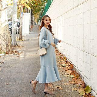 Balloon-sleeve Ruffle-hem Long Hoodie Dress