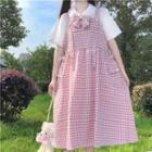 Elbow-sleeve Tie-neck Shirt / Gingham Midi A-line Overall Dress