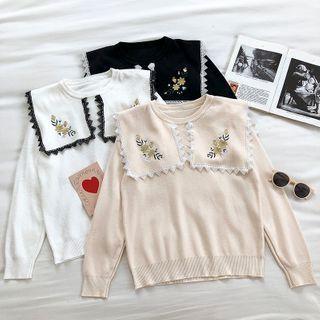 Embroidered Crewneck Long-sleeve Knit Pullover