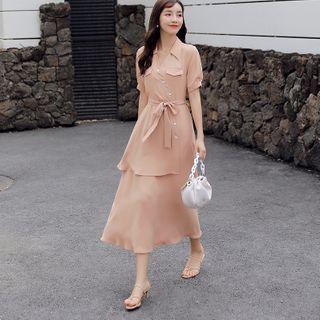 Collared Short-sleeve Maxi A-line Dress