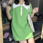 Short-sleeve Polo Collar Knit Dress Green - One Size