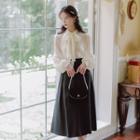 Plain Bow Oversize Blouse / High-waist Plain A-line Skirt