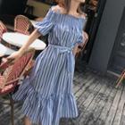 Short-sleeve Striped Cold Shoulder A-line Midi Dress Blue - One Size