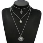Alloy Rhinestone Cross Embossed Disc Pendant Layered Choker Necklace 1 Pc - As Shown In Figure - One Size