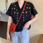 Short-sleeve Embroidered Button Knit Top Black - One Size