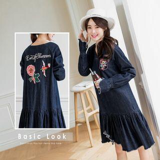 Floral Embroidered Drop Waist Flouncy Denim Dress