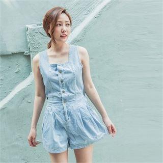 Sleeveless Button-detail Denim Playsuit Light Blue - One Size