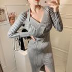 V-neck Striped Slit Knit Midi Sheath Dress Gray - One Size