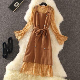 Set: Long-sleeve Midi A-line Lace Dress + Knit Pinafore Dress