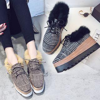 Fluffy Plaid Fabric Platform Oxfords