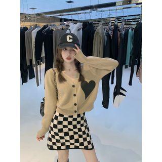 Heart Print Cardigan / Checker Print Knit Skirt