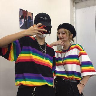 Elbow-sleeve Rainbow Stripe T-shirt