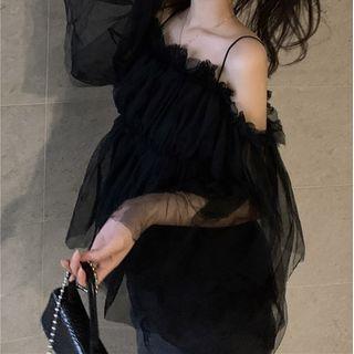Cold-shoulder Mesh Blouse Black - One Size