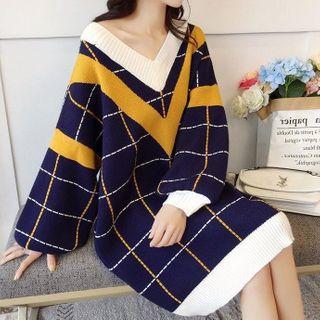 V-neck Plaid Midi Sweater Dress