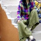 Wide Leg Linen Pants Green & Purple - One Size