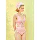Plunge-neck Lace-up Swimsuit Pink - One Size