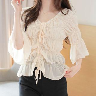 Drawstring Bell-cuff Shirred Chiffon Top