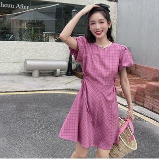 Plaid Drawstring Puff-sleeve Dress
