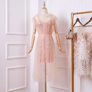 Set: Cap-sleeve Mesh Midi Dress + Spaghetti Strap Sequined Mini Dress