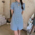 Polo Collar Cut-out Puff-sleeve Dress
