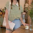 Short-sleeve Striped Loose-fit Polo-shirt Green - One Size