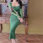 Long-sleeve Lace Cardigan / Plain Spaghetti-strap Skinny Midi Dress