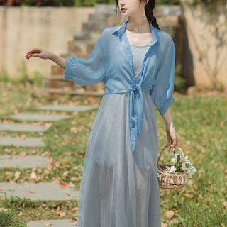 Set: Elbow-sleeve Tie-front Mesh Shirt + Spaghetti Strap Midi A-line Dress