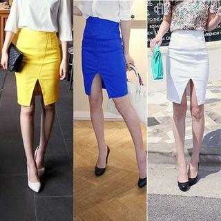 Plain High-waist Split Skinny Skirt