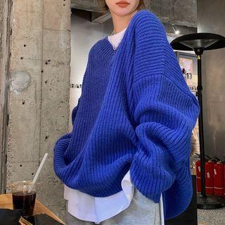 V-neck Oversized Sweater Blue - One Size