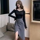Long-sleeve Top / Asymmetric Midi Skirt