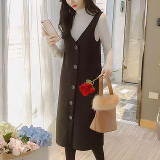 Set: Mock-neck Long-sleeve Knit Top + V-neck Knitted Pinafore Dress