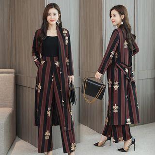Set: Striped Open-front Jacket + Striped Wide Leg Pants