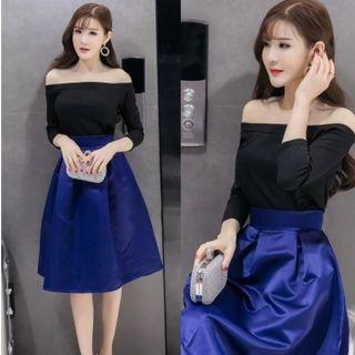Set: Off-shoulder Top + Satin Plain A-line Skirt